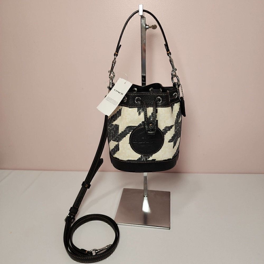 NWT Coach CJ719 Mini Dempsey Bucket Bag With Houndstooth Print Patch Cre…
